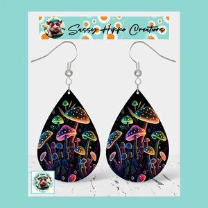 Earrings Colorful Neon Mushrooms Magic Printed on MDF with Hook Backs Sublimated